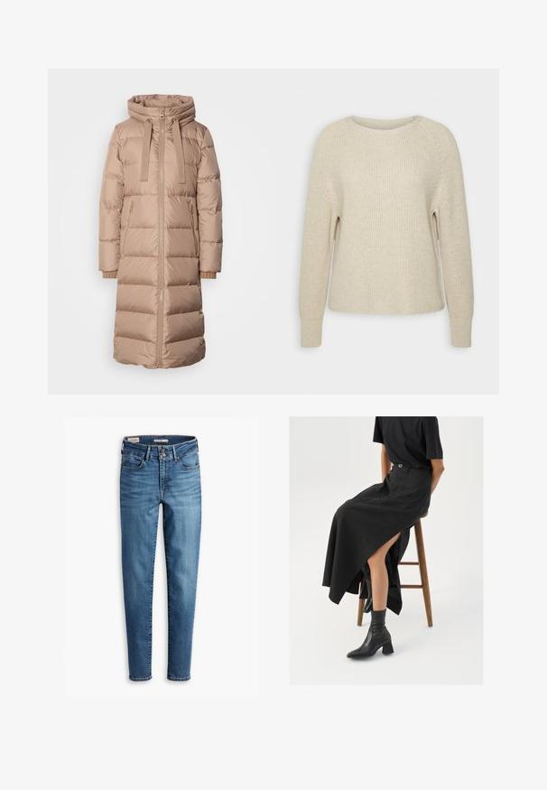 Beige puffer coat with a hood, front zipper, and side pockets. Features a quilted design and ribbed cuffs for added warmth.; Light pink knit sweater with a round neckline, raglan sleeves, and ribbed cuffs. The texture is soft with a relaxed fit and minimal detailing.; High-waisted, skinny jeans in light blue denim. Features five pockets, front button closure, and classic stitching detail throughout.; Black linen maxi skirt with a high slit, worn with a black t-shirt and black ankle boots. Minimalistic design with a relaxed fit.