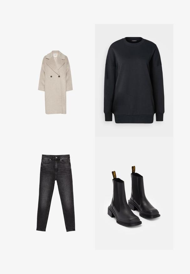 Lyse beige uldblandingsfrakke med dobbeltknappet front, store slag og trekvartærmer. Har to store knapper.; Sort sweatshirt lavet af bomuld, med rund halsudskæring, lange ærmer og en afslappet pasform. Glat texture med ribbede manchetter og kant.; Sorte denimjeans har et tætsiddende design med høj talje, fem lommer og diskret falmning for tekstur. Afsluttet med en lukning med knap foran.; Sorte ankelstøvler lavet af glat læder med elastiske sidepaneler, en kvadratisk tå og en kraftig hæl. Udstyret med gule mærkeforankringssløjfer.
