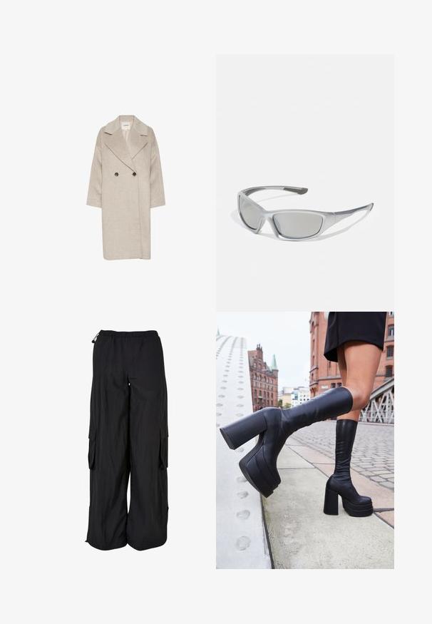 Abrigo de mezcla de lana color beige claro con un frente de doble botonadura, grandes solapas y mangas de tres cuartos. Presenta dos grandes botones.; Chaleco negro sin mangas hecho de una tela suave, con detalles de costura plateada y un cierre de cremallera frontal, diseñado con un cuello alto.; Pantalones cargo negros con cintura elástica, corte holgado, tejido ligero, bolsillos laterales y un acabado texturizado sutil.; Botas de plataforma negras hasta la rodilla, hechas de cuero suave, con gruesos tacones cuadrados y un diseño elegante, situadas frente a un fondo de ciudad.; Gafas de sol grises con un marco de plástico elegante y ligero. Presentan lentes grises oscuros y acentos laterales texturizados para un mejor agarre.