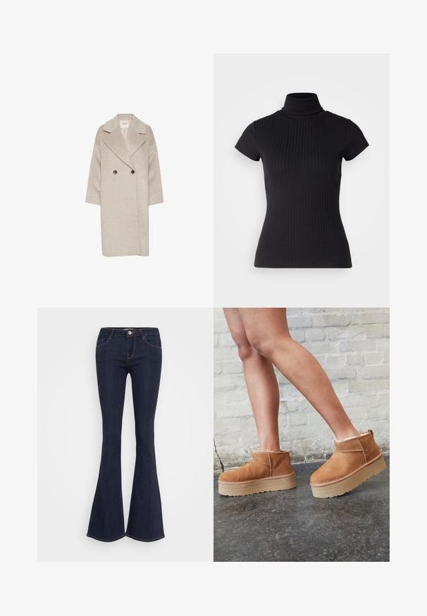 Lyse beige uldblandingsfrakke med dobbeltknappet front, store slag og trekvartærmer. Har to store knapper.; Sort, kortærmet turtleneck top lavet af ribbet stof, med slim fit og højt kravedesign. Enkelt og struktureret mønster.; Mørke denim flare jeans med en tætsiddende talje, der har en forsænket knaplukning, fem-lomme design og sømdetaljer langs benene.; Brune ruskinds ankelsko med en blød foring, tyk beige plattformsål og en bageste løkke. Tekstureret overflade med synlige sømdetaljer.