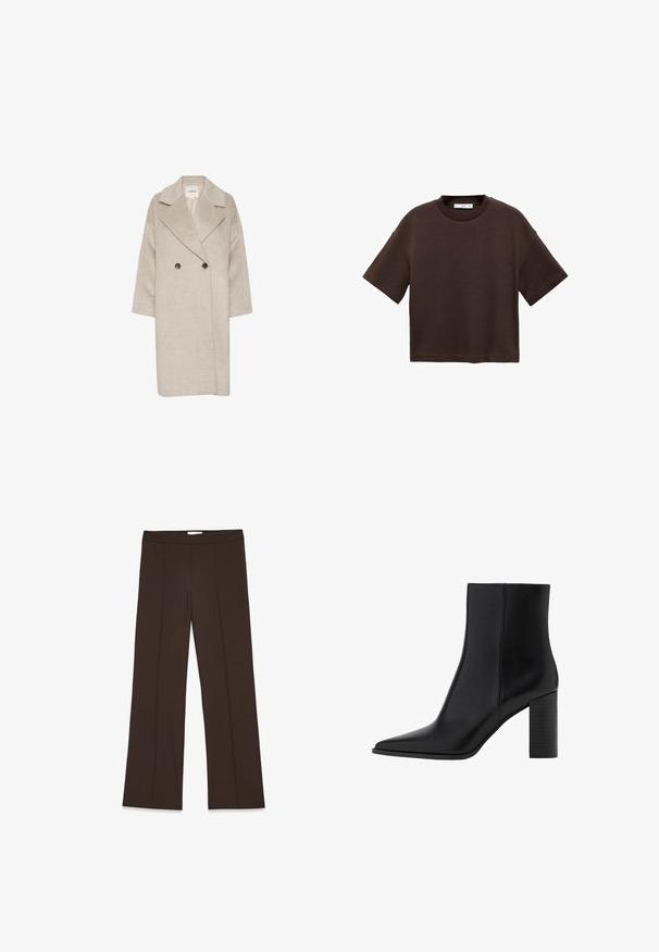 Light beige wool blend coat with a double-breasted front, large lapels, and three-quarter sleeves. Features two large buttons.; Brown short-sleeve t-shirt made of soft cotton. Features a round neckline and a boxy fit, with a smooth texture and no visible patterns.; Brown, wide-leg trousers made of smooth fabric; features front pleats and a standard waistband. Minimalist design with no visible fasteners.; Black leather ankle boot with a pointed toe, square heel, smooth texture, and stitching details along the seams. Heels measure approximately 3.5 inches.