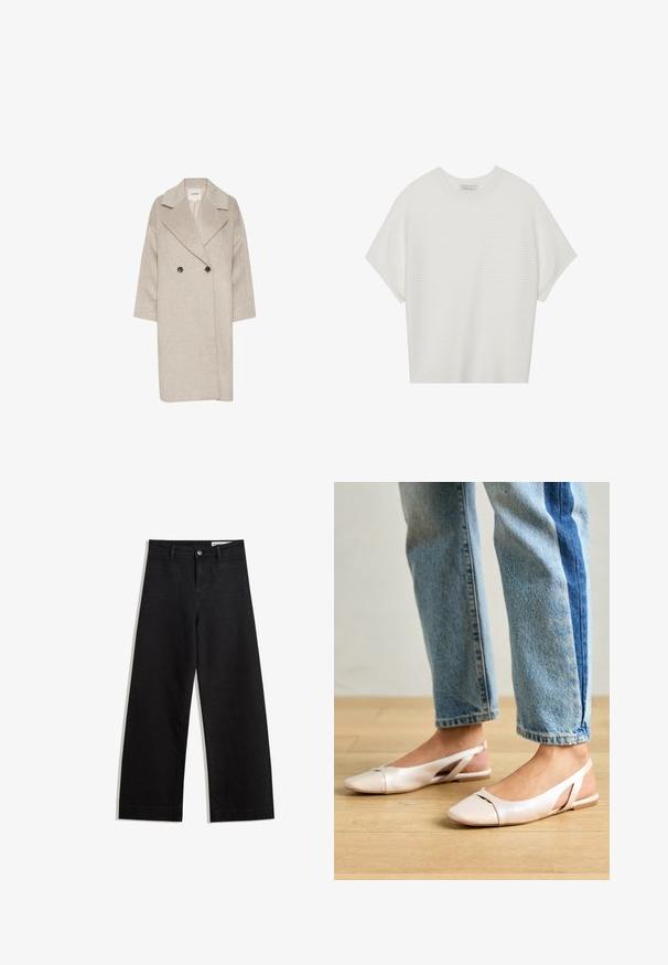 Svijetlo bež kaput od vune s mješavinom materijala, s dvostrukim kopčanjem sprijeda, velikim reverima i rukavima do tri četvrtine. Sadrži dva velika gumba.; Bijela majica kratkih rukava s širokim okruglim izrezom i teksturiranim rebrastim uzorkom, izrađena od mekog materijala, s opuštenim krojem i čistim dizajnom.; Crne široke traperice s visokim strukom, s prednjim i stražnjim džepovima, šivenim šavovima i kopčanjem na gumb. Glatka tekstura.; Svijetlo ružičaste slingback balerinke s šiljastim vrhom, izrađene od glatkog materijala nalik koži. Sadrže izrezane detalje sa strane i ravnu petu.