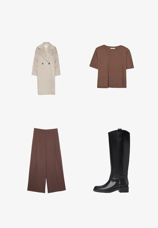 Lyse beige uldblandingsfrakke med dobbeltknappet front, store slag og trekvartærmer. Har to store knapper.; Brun kortærmet t-shirt lavet af blødt stof, med rund halsudskæring og afslappet pasform. Ingen synlige mønstre eller detaljer.; Brune bredbunde bukser med en glat tekstur, der har høj talje og plisseringer foran. Stoffet er let og falder løst.; Sorte knæhøje støvler lavet af glat syntetisk materiale. Har en rund tå, lav blokhæl og lodrette sømdetaljer.