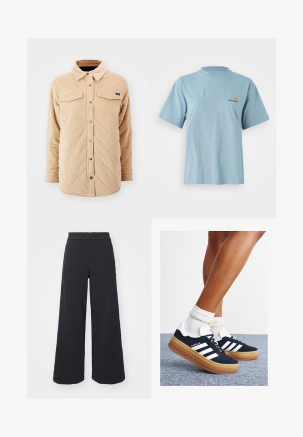 Camisa-jasper de veludo-cotele bege com um padrão acolchoado, dois bolsos no peito, fecho frontal com botões e uma pequena etiqueta da marca no lado esquerdo do peito.; T-shirt de algodão de manga curta azul claro com decote redondo e pequeno logótipo da Carhartt em amarelo e vermelho no lado esquerdo do peito.; Calças de fato largas, pretas, feitas de tecido macio, com uma cintura elástica e um pequeno logótipo do lado esquerdo.; Ténis de camurça preta com riscas e detalhes brancos, biqueira arredondada, sola em borracha cor de goma, combinados com meias brancas caneladas até à altura do tornozelo.