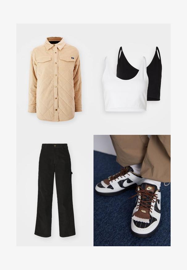 Beige Kordjacke mit einem gesteppte Muster, zwei Brusttaschen, Knopfverschluss und einem kleinen Markenschild auf der linken Brust.; Zwei Baumwoll-Crop-Tops in Weiß und Schwarz. Jedes hat einen tiefen Ausschnitt und dünne Träger und verfügt über eine glatte, weiche Textur.; Schwarze Cordhosen mit geradem Schnitt, ausgestattet mit einem Knopfverschluss und einer Seitenlasche. Glatte Textur mit feinen verticalen Streifen.; Nike-Sneaker aus weißen, schwarzen und braunen Materialien. Enthält eine strukturierte braune Klappe, ein gestreiftes Design und traditionelle Schnürsenkel mit goldenen Akzenten.