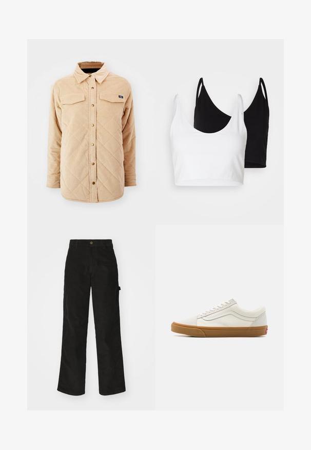 Bež srajčni jakna iz korduroja s quiltastim vzorcem, dvema žepoma na prsih, gumbi spredaj ter majhno oznako blagovne znamke na levem prsnem delu.; Dva bombažna crop topa v beli in črni barvi. Vsak ima globok izrez in tanke naramnice, ter se ponaša z gladko, mehko teksturo.; Črne kordurojske hlače s ravnim krojem, ki imajo gumbasto zapiranje in stranske žepe. Gladka tekstura z finimi vertikalnimi črtami.; Beli platneni nizki športniki z gumijastim podplatom, okroglo konico, vezalnim zapiranjem in stransko usnjeno črto.