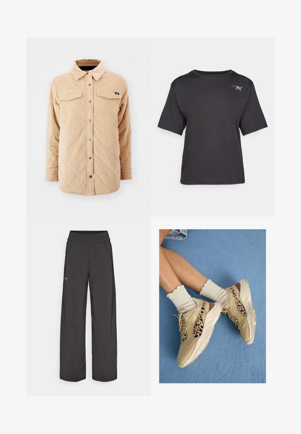 Beige corduroy shirt jacket with a quilted pattern, two chest pockets, button front closure, and a small brand tag on the left chest.; Black short-sleeve t-shirt made of soft fabric, featuring a rounded neckline and a small logo detail on the upper left side.; Black athletic pants with a wide waistband, side pockets, and flat seams. Features a small logo on the left leg. Made from smooth, stretchy fabric.; Legs crossed wearing beige Puma sneakers with leopard print stripes and ruffled cream socks on a blue carpeted floor.