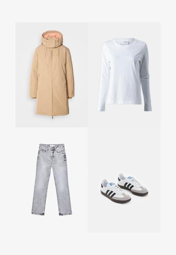 Bežna dolga parka jakna s kapuco, ki ima gladko zunanjost, zlate zadrge in kontrastno mehko roza podlogo.; Bela majica z dolgimi rokavi iz mehkega bombaža. Ima okrogel izrez in oprijete rokave. Gladka tekstura z enostavnim dizajnom.; Sive traperice z ravnim krojem, z obdelanimi detajli, petimi žepi in bakrenimi zakovicami. Pas ima oznako z logotipom.; Športni čevlji z belim usnjenim zgornjim delom, sivim semišem na prstih in tremi črnimi črtami. Imajo modro logo na jeziku in teksturiran gumijast podplat.