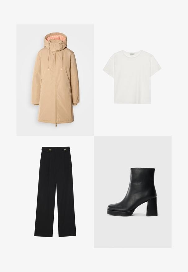 Beige lang parka jakke med hette, med en glatt ytre overflate, gullglidelåser og en kontrasterende myk rosa innvendig fôr.; Hvit T-skjorte med kort erm laget av myk bomull. Har rund hals og avslappet passform. Rent design uten synlige mønstre eller aksenter.; Svart vide bukser med høy midje, knappdetaljer på midjebåndet og frontplisser.; Sorte skinnankelsko med blokkhæl og plattformsåle, sett fra siden på en enkel hvit bakgrunn.