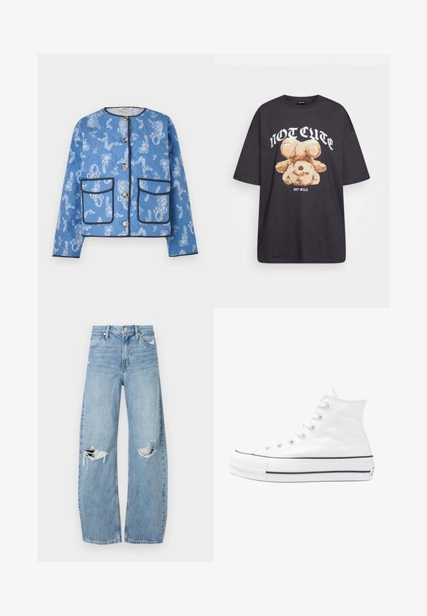 Prešívaná modrá bunda s bielymi kvetinovými a paisley vzormi, obsahujúca dve predné vrecká, gombíky a čierny lem pozdĺž okrajov.; Čierne oversized tričko s grafikou medveďa a textom "NIE ROZTOMILÉ ALE DIVOKÉ" v tučnom bielom písmene. Bavlnený materiál.; Svetlomodré, vysoké džínsy vyrobené z denimu. Majú široké nohavice, dve roztrhnuté kolená a klasický päťvreckový strih.; Biele vysoké plátené tenisky s čiernou gumovou podošvou, prednou gumovou špičkou a šiestimi okami na šnúrky, s čistým, minimalistickým dizajnom.
