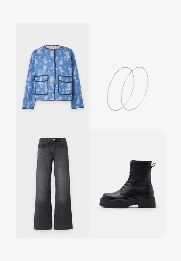 Mėlynas siuvinėtas švarkas su baltais gėlių ir paisley raštais, turintis dvi priekinės kišenes, sagas ir juodą apvadą palei kraštus.; Juodas bodis su ilgomis rankovėmis, turintis tinklinį V formos iškirpimą ir sutrauktą peties detalę. Lygus audinys su prigludusia forma.; Tiesios kojos džinsai tamsiai pilkos spalvos džinsinio audinio. Yra penki kišenės, mygtuko užsegimas ir subtilus išblukimas audinyje. Klasikiniai siuvimo akcentai.; Juodos odinės aulinukės su apvalia nosimi, raišteliais priekyje ir storesniu guminio pado apačioje su tekstūruotu raštu. Priekyje yra kilputė.; Sidabrinės pusmėnulio auskarai minimalistiniu dizainu. Apskritimo forma, lygus paviršius ir plonas profilis. Lengvi su poliruotu apdailu.