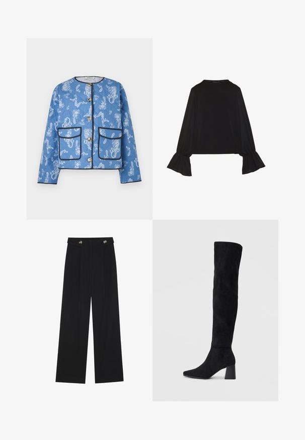 Jaqueta azul acolchoada com padrões florais brancos e paisley, apresentando dois bolsos frontais, botões e acabamento preto nas bordas.; Top preto de mangas longas com punhos largos, textura suave e um corte descontraído, com um simples decote redondo.; Calças largas pretas com cintura alta, detalhes em botão na cintura e pregas frontais.; Bota de camurça preta até ao joelho com salto bloco, bico fino e design suave e sem costuras sobre um fundo claro.