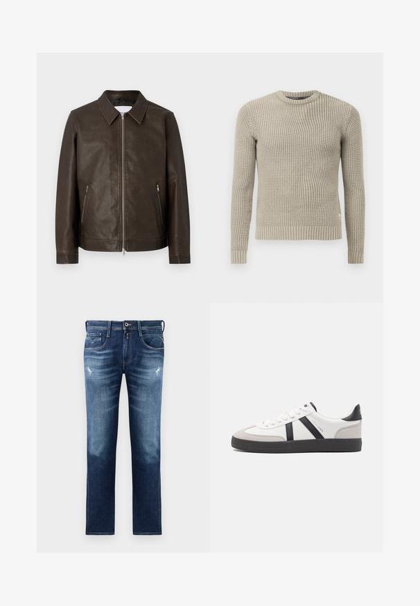 Chaqueta de cuero marrón con cuello tipo solapa, cierre frontal de cremallera y dos bolsillos laterales. Presenta una superficie texturizada y una silueta ajustada.; Suéter de punto beige con mangas largas, puño y dobladillo acanalados, cuello redondo, patrón texturizado, hecho de material suave.; Jeans de mezclilla azul con un corte regular, que presentan un lavado deslavado, un ligero desgaste, cinco bolsillos y costuras de contraste. Cierre de botón en la cintura.; Zapatilla blanca con acentos en negro y gris, que presenta una puntera texturizada en gris, suela de goma negra y cordones planos blancos. Diseño limpio, estilo minimalista.