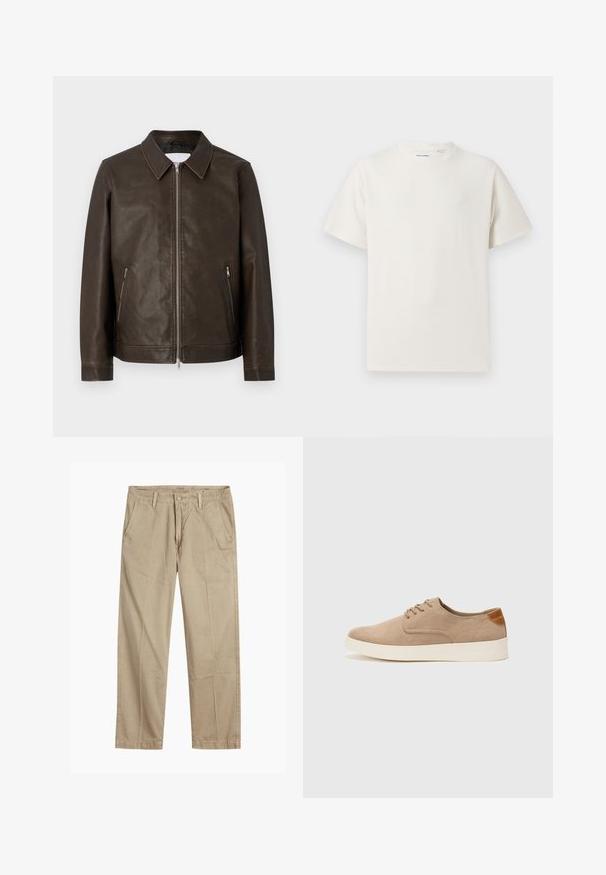 Chaqueta de cuero marrón con cuello tipo solapa, cierre frontal de cremallera y dos bolsillos laterales. Presenta una superficie texturizada y una silueta ajustada.; Camiseta blanca de manga corta en textura acanalada. Cuello redondo, corte relajado, sin patrones ni acentos visibles. Diseño simple y versátil.; Chinos beige de pierna recta con trabillas para cinturón, cierre de botón y cremallera en la parte delantera, y bolsillos delanteros inclinados.; Zapatillas de ante beige con puntera redondeada, cordones en la parte delantera y un acento texturizado en la parte trasera. La suela de goma blanca proporciona contraste. Diseño sencillo y moderno.