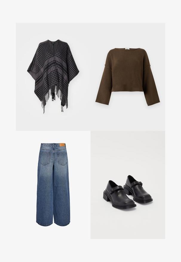 Karierter Poncho in Grautönen und Schwarz, mit einem fransigen Saum und lockerem, offenem Design. Hergestellt aus weichem Stoff für bequemen Tragekomfort.; Brauner, kurz geschnittener Pullover mit weitem Ausschnitt, langen Ärmeln und einer weichen Textur. Einfaches, unaufdringliches Design, das sich für verschiedene Outfits eignet.; Weite Denim-Culottes in mittlerem Blauton mit einer ausgewaschenen Textur, ausgestattet mit zwei Gesäßtaschen und einem braunen Leder-Logoschild am Bund.; Schwarze Lederhalbschuhe mit runder Zehenpartie, flacher Sohle und einem Riemen mit Schnallen-Detail. Robuster Blockabsatz für zusätzliche Stabilität.