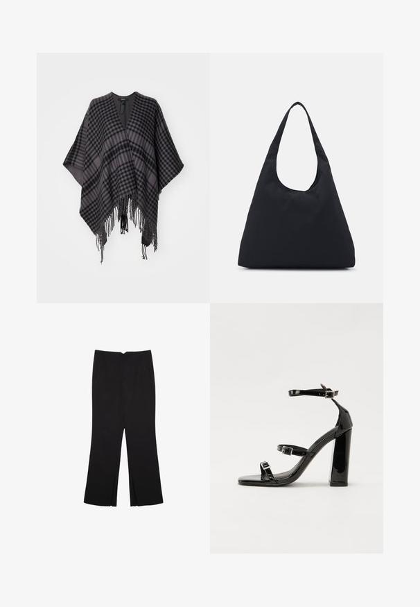 Karirani pončo u nijansama sive i crne, s resicama na rubu i slobodnim, otvorenim dizajnom. Izrađeno od mekog materijala za udobno nošenje.; Crna majica kratkih rukava od glatkog materijala; ima drapirani izrez i asimetrični donji rub, uz prilagođeni kroj tijela.; Crne hlače ravnog kroja, s prednjim džepovima i bočnim prorezima na rubu. Izrađene od mekog i glatkog materijala. Pogodne za razne prigode.; Crne lakirane sandale na pete sa kvadratnim nosom, trakama oko gležnja i srebrnim kopčama. Imaju čvrst blok petu za stabilnost.; Crna tkanina torba s jednim širokim remenom za rame. Mekan, polustrukturiran oblik i glatka tekstura; minimalistički dizajn, bez vidljivog hardvera.