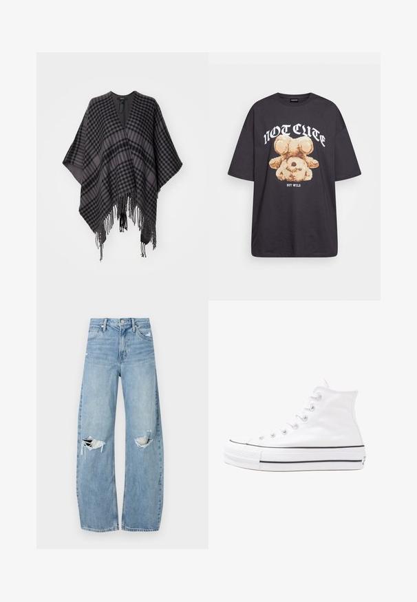 Poncho a quadri nelle tonalità di grigio e nero, con orlo frangiato e design ampio e aperto. Realizzato in tessuto morbido per un indossamento confortevole.; T-shirt nera oversize con una grafica di un orso e la scritta "NON CARINA MA SELVAGGIA" in grassetto, lettere bianche. Materiale in cotone.; Jeans azzurri chiari a vita alta realizzati in denim. Presentano gambe larghe, due aree strappate sulle ginocchia e il classico styling a cinque tasche.; Sneaker alta in tela bianca con suola in gomma nera, punta in gomma frontale e sei asole per i lacci, caratterizzata da un design pulito e minimalista.