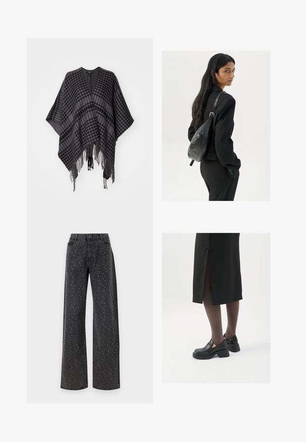 Károvaný pončo v odtieňoch šedej a čiernej, s cik-cak okrajom a voľným, otvoreným dizajnom. Vyrobené z mäkkej tkaniny pre pohodlné nosenie.; Čierny body s dlhými rukávmi, s rezom do V z priesvitnej látky a zhromaždením na pleciach. Hladká tkanina s priliehavým strihom.; Noisy May NMJANNEL LOOSE - Džínsy voľného strihu - black denim; Čierne kožené topánky s okrúhlou špičkou, silným blokovým opätkom a elastickými bočnými akcentmi, skombinované s tmavými pančuchami a čiernou sukňou so štiepením.; Žena s dlhými tmavými vlasmi, oblečená v čiernom obleku, nesúca čiernu koženú kabelku na ramene, pozerajúca cez rameno na bielom pozadí.; Strieborné kruhové náušnice s minimalistickým dizajnom. Cirkulárny tvar, hladký povrch a tenký profil. Ľahké s lesklým povrchom.