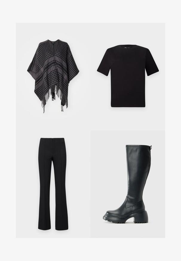 Ruju pončo pelēkā un melnā krāsā, ar frēnu apakšmalu un brīvu, atvērtu dizainu. Izgatavots no mīksta auduma, kas nodrošina ērtu valkāšanu.; Melnas īsām piedurknēm T-krekls ar apaļu kakla izgriezumu, izgatavots no mīksta kokvilnas auduma. Vienkāršs dizains, bez redzamām logo vai rakstiem.; Melnas flared bikses ar ribotu tekstūru un pieguļošu vidukli. Dizainā ir vertikālas šuves, lai radītu plūdenu izskatu. Nav redzamu aprīkojumu.; Augstas melnas ādas zābakus ar masīvu platformu un bloka papēdi, ar vilkšanas cilpu un strukturētu profilu uz ārējā zoles.