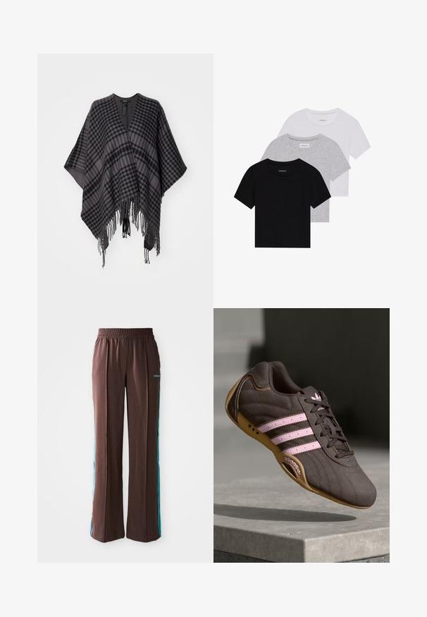 Geruite poncho in grijstinten en zwart, met een franjeszoom en een losse, open vorm. Gemaakt van zacht materiaal voor comfortabel dragen.; Set van drie korte mouwen t-shirts in zwart, grijs en wit. Gemaakt van katoen, met een ronde hals en een eenvoudig, effen kleurontwerp.; Bruine sportbroek met een ribbelstructuur, elastische tailleband en turquoise zijstrepen. Voorzien van het adidas-logo aan de voorkant.; Bruine suède sport schoen met roze strepen en logo, voorzien van een gestructureerde bovenkant, vetersluiting en een gumrubberen zool.