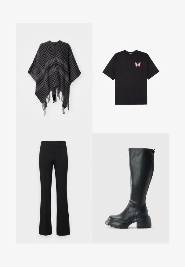 Poncho a quadri nelle tonalità di grigio e nero, con orlo frangiato e design ampio e aperto. Realizzato in tessuto morbido per un indossamento confortevole.; T-shirt nera in cotone con maniche corte, caratterizzata da una piccola grafica di una farfalla rosa sul lato sinistro del petto. Design a girocollo con una vestibilità rilassata.; Pantaloni neri a zampa d'elefante con una texture a coste e vita aderente. Il design presenta cuciture verticali per un aspetto snello. Nessun hardware visibile.; Stivale lungo in pelle nera con suola piatta robusta e tacco a blocco, dotato di linguetta e battistrada testurizzato sulla suola.