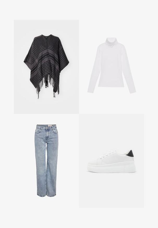 Rutig poncho i nyanser av grått och svart, med en fransad nederkant och en lös, öppen design. Tillverkad av mjukt tyg för en bekväm användning.; Vit långärmad polotröja gjord av ett smidigt, stretchigt material. Har en hög krage och åtsittande design, utan synliga mönster eller dekorationer.; Ljusblå vida jeans i denim med hög midja, femficksdesign och subtila blekningar för en använd look.; Vita plattformssneakers gjorda av slät syntetiskt material, med rund tå, snörningsdesign och en texturerad gummisula. Svart hälaccent.