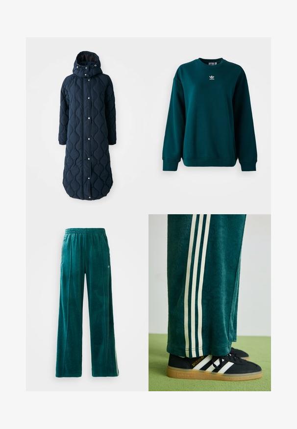 Casaco longo acolchoado de cor azul marinho escura com capuz, apresentando botões de pressão, punhos elásticos e uma textura padronizada para maior aquecimento.; Sweatshirt Adidas de cor verde escuro com mangas longas e logotipo branco da Adidas centrado no peito, exibido sobre um fundo branco.; Calças de jogging em veludo teal com um corte solto, cintura elástica, bolsos laterais e um padrão de textura subtil. Apresenta riscas contrastantes ao longo dos lados.; Calças verdes texturizadas com riscas laterais brancas, combinadas com ténis Adidas pretos com três riscas brancas e sola de borracha.