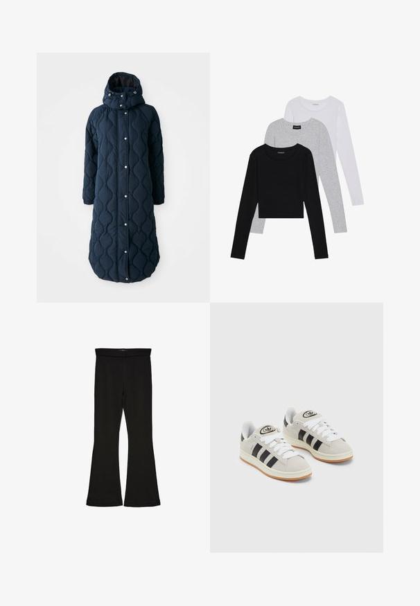 Tikkinen, tummansininen pitkä takki hupulla, jossa on nappikiinnitys, elastiset hihansuut ja kuvioitu pinta lisälämpöä varten.; Kolme pitkähihasta paita päällekkäin: musta, harmaa ja valkoinen. Jokaisessa on pyöreä pääntie ja lyhennetty muotoilu, jossa on sileä ja kevyt kangas.; Mustat leveät legginsit, jotka on valmistettu joustavasta kankaasta. Niissä on leveä vyötärö ja sileä pinta, sekä vartalonmyötäinen leikkaus, joka levenee helmassa.; Harmaat mokkasiinikenkä, joissa on valkoiset nauhat, mustat raidat ja valkoinen kumipohja. Kantajassa on pyöreä logo ja vaaleanruskea pohja.