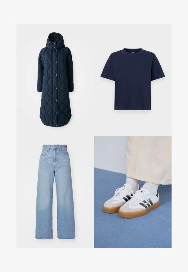 Quiltet, mørkeblå lang frakke med hætte, der har trykknapper, elastiske manchetter og et mønstret tekstur for ekstra varme.; Marineblå bomulds t-shirt med rund halsudskæring og korte ærmer, der har en afslappet pasform og minimalistisk design. Ingen mønstre eller accenter.; Lyseblå højtaljede bukser med bred benåbning, med frontknap og lynlås, samt for- og baglommer, på en hvid baggrund.; Hvide sneakers med sorte striber og beige ruskindsdetaljer. Har en tekstureret gummisål og flade hvide snørebånd, båret med lyse sokker.