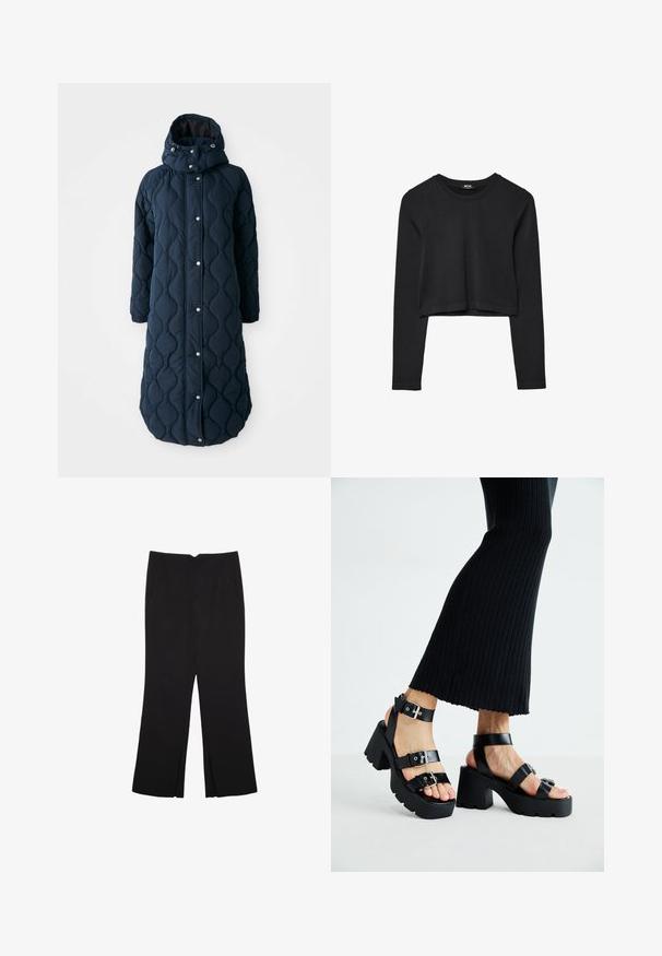 Quiltet, mørkeblå lang frakke med hætte, der har trykknapper, elastiske manchetter og et mønstret tekstur for ekstra varme.; Sort langærmet cropped top med rund halsudskæring, ensfarvet design og let buet kant.; Sorte bukser med lige pasform, der har frontlommer og slidser i kanten. Lavet af blødt, glat stof. Velegnet til forskellige anledninger.; Sorte platfromsandaler med kraftige, skridsikre såler og flere stropper, der har metalspænder og en glat læderlignende tekstur.