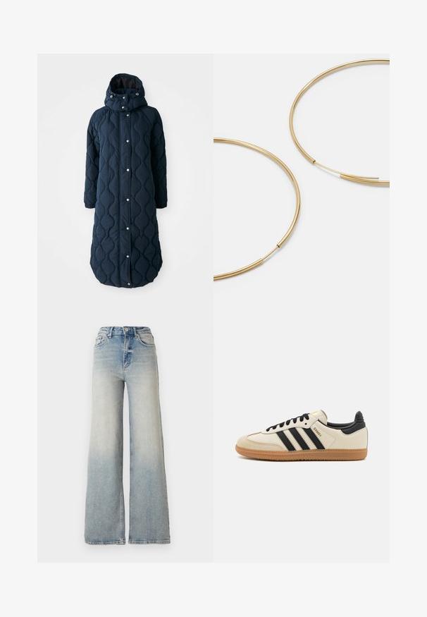 Quiltet, mørkeblå lang frakke med hætte, der har trykknapper, elastiske manchetter og et mønstret tekstur for ekstra varme.; Sort langærmet ribbet top med firkantet udskæring, lavet af strækbart materiale, tætsiddende design og ensfarvet uden mønstre eller pynt.; Lyseblå vid jeans lavet af denim, med høj talje, fem lommer og synlige sømme langs sømmene.; Beige sportssko med sorte striber, gummibetræk samt sorte detaljer. Har en glat læderoverdel og et rundt tådesign.; Guldfarvede hoops øreringe, tynde og runde i formen, med en glat metallisk finish uden udsmykninger eller mønstre.