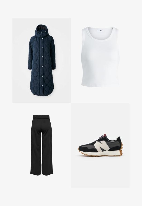 Tikkidega tume navy pikk jope kapuutsiga, varustatud nööpide, elastsete mansettide ja mustrilise tekstuuriga, et tagada lisasoojus.; Valge ribakujuline tank top, millel on ümmargune kaelus, varrukateta disain ja lühike pikkus. Silt ütleb "JJXX." Sile kangast tekstuur.; Mustad, laiad püksid elastse vöökohtaga, valmistatud siledast kangast. Omab lihtsat disaini, ilma taskute või nähtavate õmbluste detailideta.; Mustmust ja halli nubukist tennisajal on suur kreemjas "N" logo, lilla paelad ja tekstureeritud kummist välispohja.