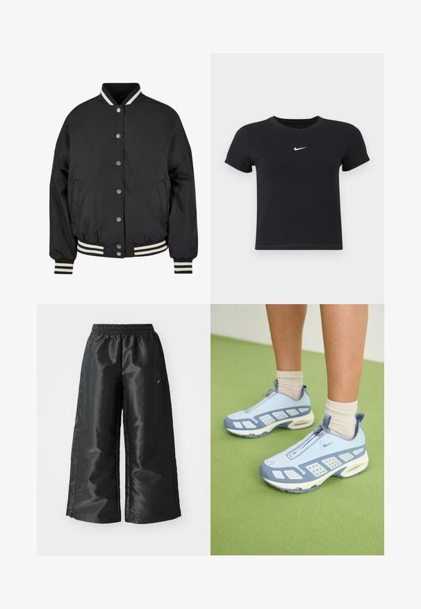 Urban Classics Bomber stiliaus striukė - black; Juodas trumpas rankoves marškinėliai, pagaminti iš medvilnės, su apvaliu kaklu. Pasižymi balta Nike logotipu ant krūtinės, minimalistišku dizainu ir prigludusia forma.; Juodi sportiniai džinsai su blizgia, lygaus audinio medžiaga, turintys elastingą juosmenį, plačias kojų dalis ir mažą logotipą kairėje pusėje.; Šviesiai mėlynos sportinės batuokai su baltais akcentais, tekstūruotais paneliais ir užtrauktuku. Yra matoma oro amortizavimo padas ir guminis padas.