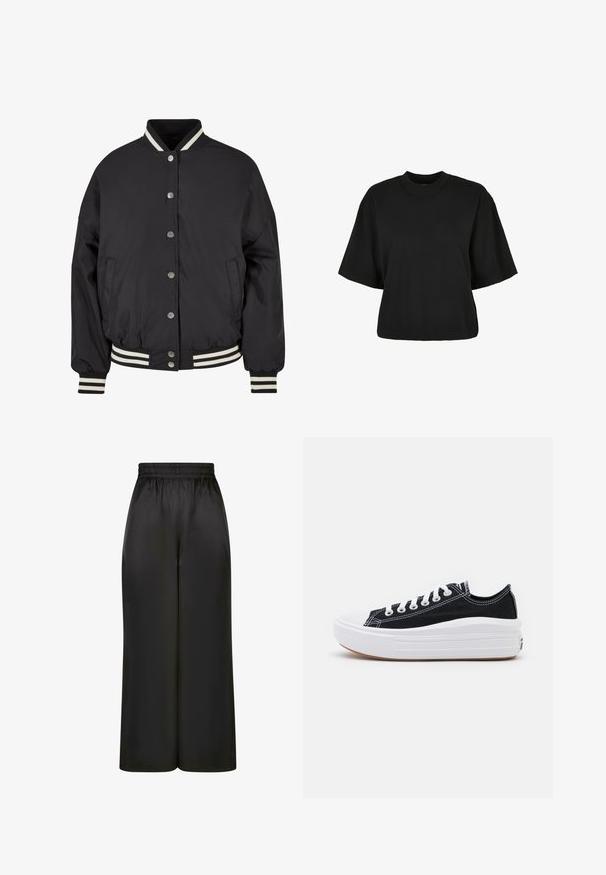 Urban Classics Bomberjacks - black; Zwart cropped t-shirt van katoen. Heeft korte mouwen en een ronde halslijn. Glad materiaal met een eenvoudig ontwerp, geen extra patronen.; Zwarte wijde broek gemaakt van soepel, glanzend materiaal met een elastische tailleband en zonder zichtbare zakken of hardware-details.; Zwarte canvas sneakers met witte veters, een witte rubberen teenkap en een chunky witte tussenzool. Bevat subtiele witte stiksels en een gumzool.