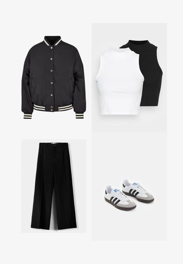 Urban Classics Bomberjacks - black; Twee mouwloze ribgebreide coltruien in zwart en wit, met een slim fit ontwerp en een gladde textuur, met een cropped lengte.; Zwarte wijde broek van lichtgewicht stof, met een knoopsluiting aan de voorkant en een vlakke achterkant, afgewerkt met keurig gestikte zoom.; Sportschoenen met een witte leren bovenkant, grijze suède neus en drie zwarte strepen. Bevat een blauw logo op de tong en een gestructureerde rubberen zool.