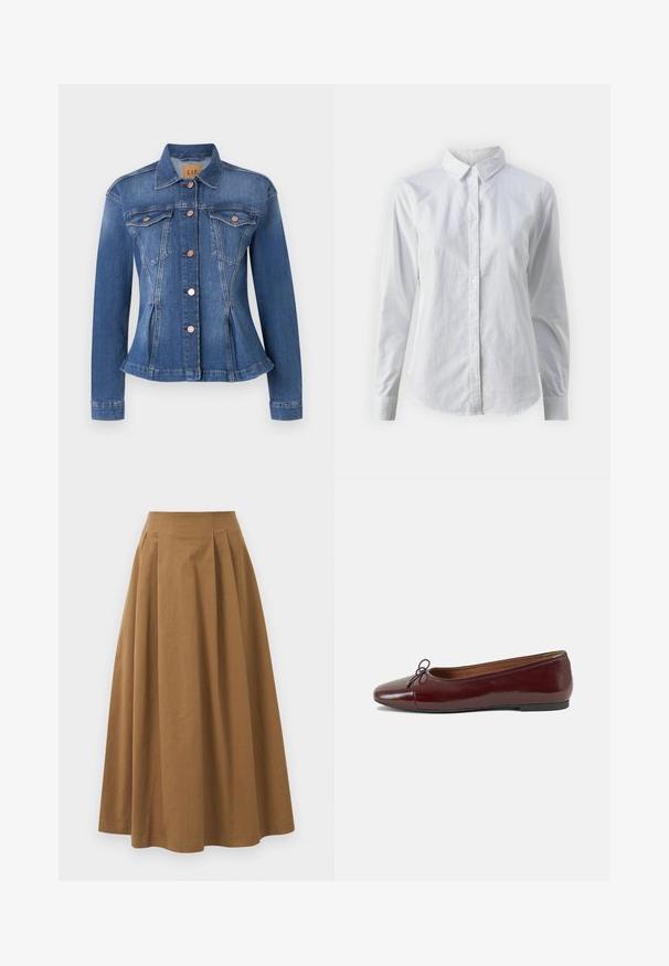 Keskmise sinise denimpusa, millel on toretseeritud vöökoht, kaks rinna-taskut, vasknupud ja terav krae. Kulunud aktsendid servade lähedal.; Valge nööpidega särk, mis on valmistatud siledast puuvillast. Särgil on klassikaline krae, pikad varrukad ja kaarduv äär. Nöödid on väikesed ja valged.; Pruun puuvillane A-line seelik kõrge vöökohaga, millel on voldid ees ja sile tekstuur. Pika serva viimistlus on puhas ja lihtne.; Burgundi patendnahk kingad balletitüüpi, ümmarguse ninaosa, ees väike paelaaktsent ja madal must kummist tald. Sile tekstuur.