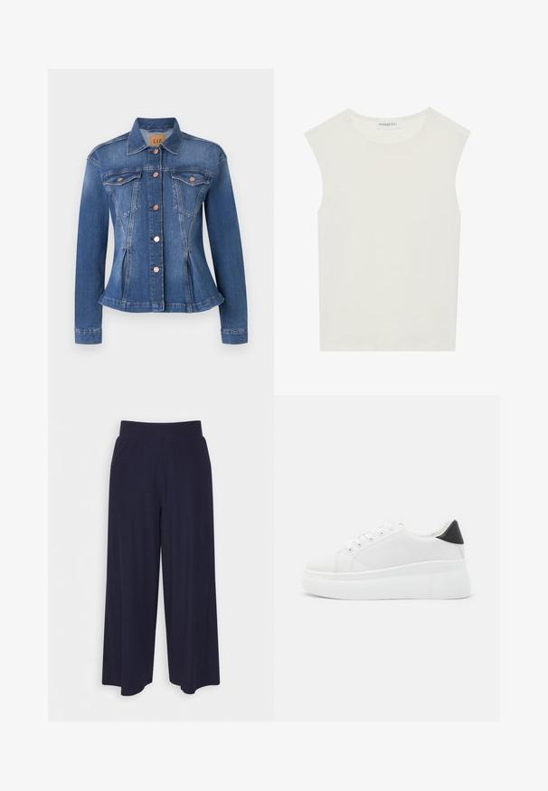 Mėlynas džinsinis švarkas su priderintu liemeniu, dviem krūtinės kišenėmis, variniais mygtukais ir smailiu apykakle. Nusidėvėjimo akcentai prie apdailos.; Balta be rankovių palaidinė su apvaliu kaklu. Pagaminta iš lygios medžiagos, ji turi laisvą siluetą ir minimalistinį dizainą. Be raštų ar akcentų.; Plati kojinės tamsiai mėlynos spalvos audiniu su vagelėmis. Turi lygų juosmenį ir laisvą siluetą, kuris siekia iki pusės blauzdos.; Balti platforminiai sportbačiai, pagaminti iš lygios sintetinio audinio, su apvaliu pirštu, raištelių užsegimu ir tekstūruota guma padanga. Juodas kulno akcentas.
