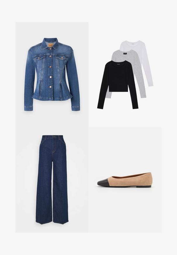 Denim jacket in medium blue with a fitted waist, two chest pockets, copper buttons, and a pointed collar. Distressed accents near hems.; Three long-sleeve tops stacked: black, grey, and white. Each has a round neckline and a cropped design with smooth, lightweight fabric.; High-waist wide-leg dark blue denim jeans with front and back pockets, button closure, and visible stitching details.; Beige suede ballet flat with a black leather rounded toe cap, low heel, and smooth texture, featuring minimal stitching and a clean design.