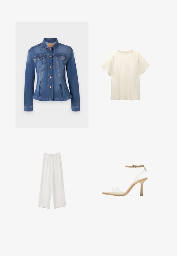 Jeansjacka i medelblått med en figursydd midja, två bröstfickor, kopparfärgade knappar och en spetsig krage. Slitna detaljer nära fållen.; Ljus beige kortärmad t-shirt med rund halsringning, tillverkad av mjuk, slät tyg. Har en avslappnad passform och rak nederkant.; Vita vida byxor i vid passform gjorda av ett lättviktsmaterial. Har en elastisk midja med dragsko och sidofickor. Slät textur.; Klart häl sandal med en transparent ovandel, beige fotbädd och en smal ankelrem. Har en spetsig tå och en tunn hög klack.