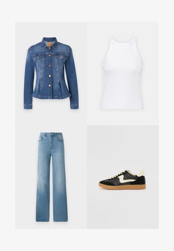 Chaqueta de mezclilla en azul medio con una cintura entallada, dos bolsillos en el pecho, botones de cobre y un cuello con punta. Acentos desgastados cerca de los dobladillos.; Top de tirantes blanco sin mangas hecho de tela acanalada, con un escote redondeado y una silueta ajustada, con costuras mínimas y sin adornos.; Jeans de tiro alto en azul claro con un diseño de pierna recta. Confeccionados en denim, cuentan con cinco bolsillos y un cierre con botón.; Zapatillas de deporte de ante y cuero negro con un swoosh lateral en crema y un talón en crema claro. Presenta cordones beige y una suela de goma marrón.