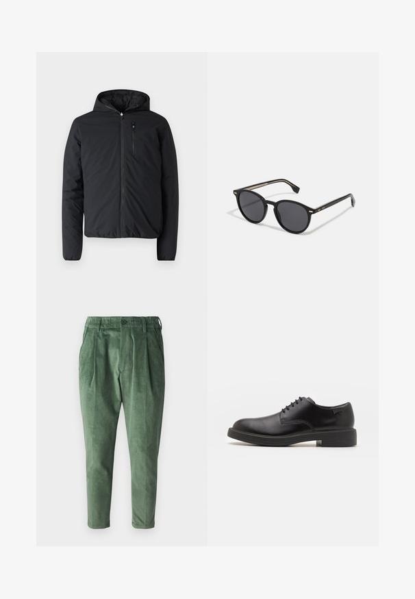Chaqueta negra aislante con capucha, cremallera frontal y un bolsillo en el pecho. Fabricada con tejido suave de textura ligera y esponjosa.; Jersey de cuello alto negro hecho de un material suave, con mangas largas y un ajuste ceñido. Ribete acanalado en el dobladillo y los puños. Diseño simple.; Pantalones de pana verdes con corte regular, con pliegues, una cinturilla elástica y un cierre de botón. Tejido suave y texturizado.; Zapato negro de cuero con cordones, punta redondeada, textura suave, costuras mínimas y tacón bajo de goma. Logo en el tacón.; BOSS Gafas de sol - black