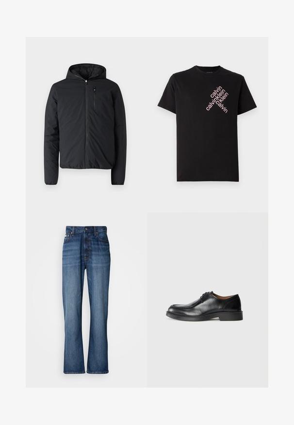 Zwarte geïsoleerde jas met een capuchon, een rits aan de voorkant en een borstzak. Gemaakt van een gladde stof met een lichte, opgeblazen textuur.; Zwarte katoenen T-shirt met een diagonale roze "calvin klein" logo-print op de voorkant. Korte mouwen en een ronde halslijn.; Blauwe denim jeans met een hoge taille, uitlopende pijpen, vijf-vaks ontwerp en tonale stiksels. Bevat een knopenfly en gestikte zakken.; Zwarte leren dresschoenen met een ronde neus, een gladde afwerking, veters en een lage, gestructureerde rubberen zool. Strakke lijnen en een minimalistisch ontwerp.