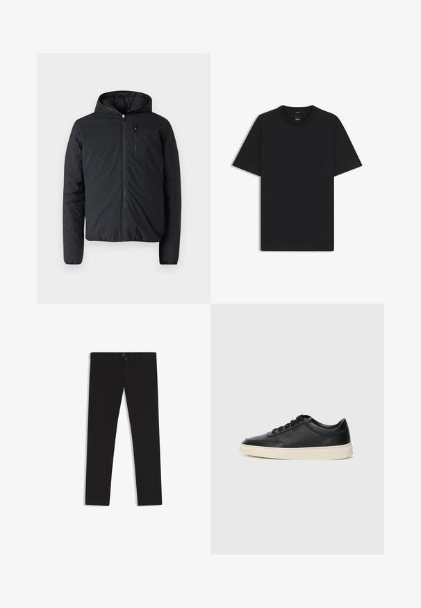 Schwarze isolierte Jacke mit Kapuze, Reißverschluss vorne und einer Brusttasche. Hergestellt aus glattem Stoff mit einer leichten, gepufften Textur.; Schwarz T-Shirt mit kurzen Ärmeln aus einem glatten Baumwollmix, mit Rundhalsausschnitt und einem minimalistischen Design ohne Muster oder Akzente.; Schwarze Hosen aus einem Stoff mit glatter текстуре. Verfügt über einen Knopfverschluss, Gürtelschlaufen und Seitentaschen. Klassisches Design mit geradem Bein.; Schwarzer niedriger Ledersneaker mit schwarzen Schnürsenkeln und cremefarbenem Sohlenrand, seitlich auf weißem Hintergrund dargestellt.