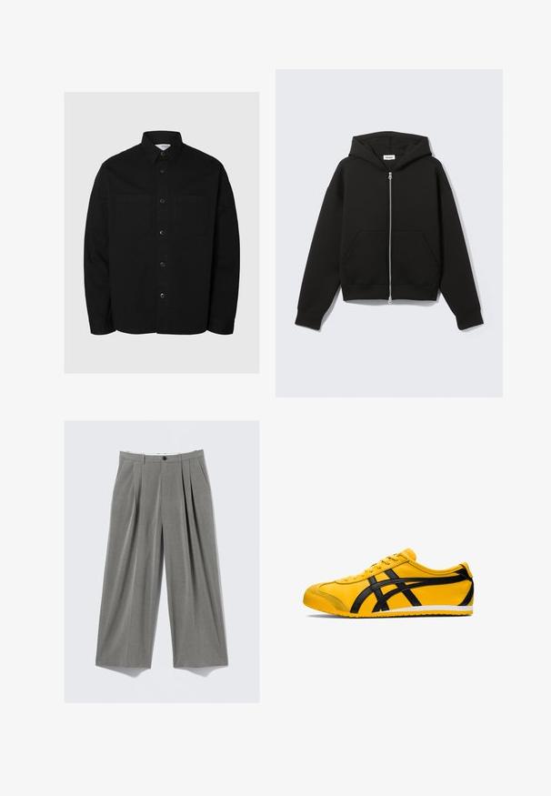 Černá košile s dlouhým rukávem na knoflíky se dvěma náprsními kapsami a klasickým límcem, vystavená na světlém jednolitém pozadí.; Černá mikina na zip s klokaní kapsou, volným střihem, měkkou látkou a kapucí na stažení šňůrkou. Má pevný zip a žebrované manžety.; Balení pěti černých triček s kulatým výstřihem. Krátké rukávy, bavlněný materiál, standardní střih. Hladký povrch bez viditelných vzorů nebo ozdob.; Šedé pruhované široké kalhoty s předními záhyby, poutky na opasek, bočními kapsami a černým knoflíkem na zapínání.; Žlutá sportovní bota s černými akcenty, hladký kožený povrch, křivkový design, kulatá špička, plochá bílá podešev a výrazné logo na boku.