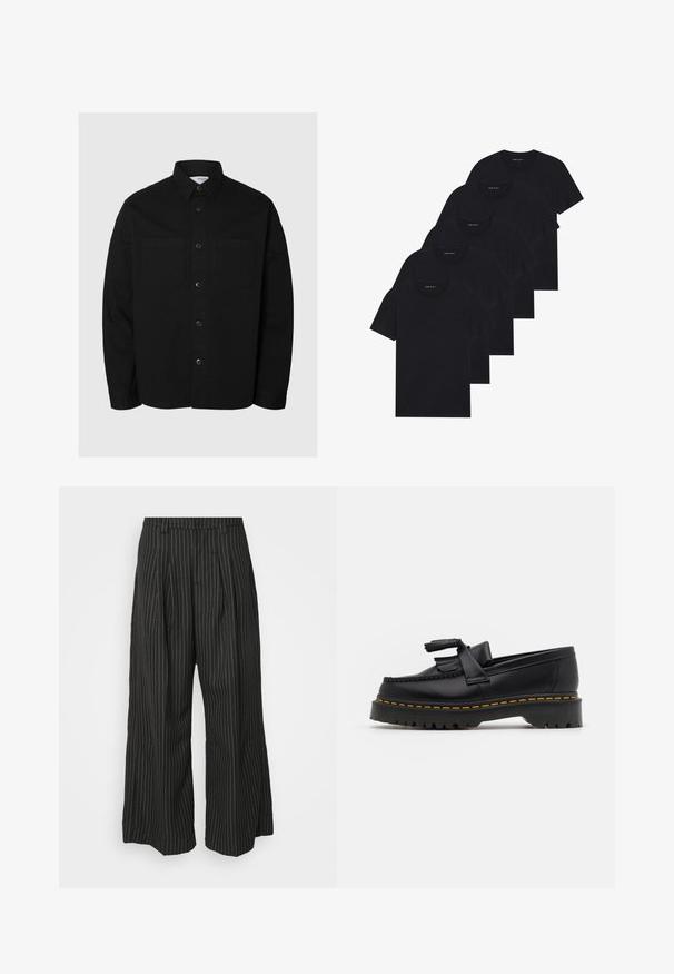 Crna košulja s dugim rukavima, na dugme, s dva džepa na prsima i klasičnom kragnom, prikazana na jednostavnoj svijetloj pozadini.; Pak od pet crnih majica s okruglim izrezom. Kratki rukavi, pamuk, standardni kroj. Glatka tekstura bez vidljivih uzoraka ili ukrasa.; Crne široke hlače s prugicama i plisama, s krojem koji se ističe i mekanom teksturom. Nema vidljivih metalnih dijelova ili ukrasa.; Crna kožna loaferica s resicama, koja ima čvrst crni potplat i žute šavove duž ruba. Teksturirana završna obrada.