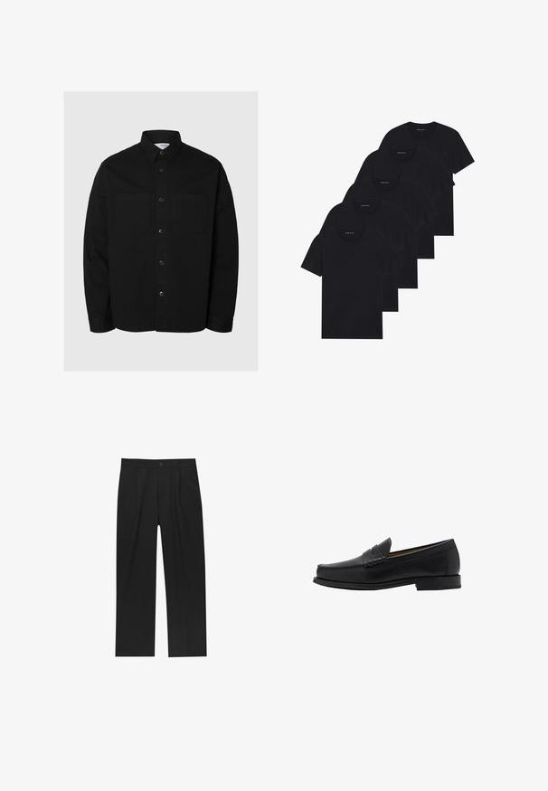 Svart långärmad knäppskjorta med två bröstfickor och klassisk krage, visad mot en enkel ljus bakgrund.; Förpackning med fem svarta t-shirts med rund halsringning. Korta ärmar, i bomull, standard passform. Slät textur utan synliga mönster eller dekorationer.; Svarta byxor med rak ben-design, tillverkade av ett jämnt tyg. Har framfickor och en enkel knapplåsning i midjan.; Mango Business slip-ins - black