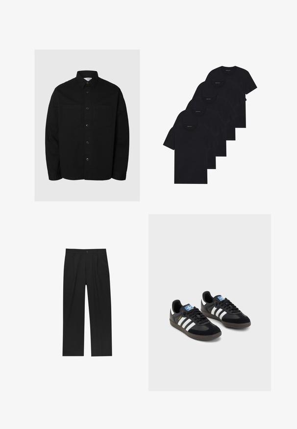 Črna srajca z dolgimi rokavi in gumbi, z dvema žepoma na prsih in klasičnim ovratnikom, prikazana na enostavni svetli podlagi.; Pak petih črnih majic s kratkimi rokavi in ovratnikom v obliki črke crew. Iz bombažne tkanine, standardni kroj. Gladka tekstura brez vidnih vzorcev ali okraskov.; Črne hlače z ravnim krojem, narejene iz gladkega materiala. Imajo sprednje gube in enojno zaponko na pasu.; Črne športne copate z zgornjim delom iz semiša in sintetičnih materialov, ki imajo tri bele črte, teksturiran gumijast podplat in modro označevalno oznako na jeziku.