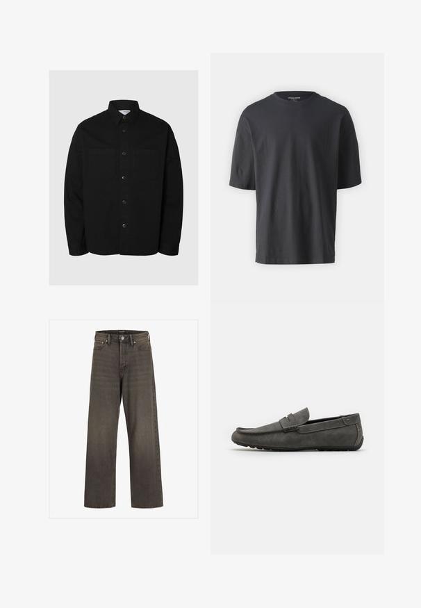 Črna srajca z dolgimi rokavi in gumbi, z dvema žepoma na prsih in klasičnim ovratnikom, prikazana na enostavni svetli podlagi.; Črna majica s kratkimi rokavi iz bombaža, značilna po okroglem izrezu in sproščenem kroju. Brez vidnih vzorcev ali dodatkov.; Široke hlače iz temno sive denim tkanine, s wysokim pasom, klasičnim pet-pocket dizajnom in kontrastnim šivom ob šivih.; Sivi semiš loafer z zaobljenim nosom, šivanim detajlom in ravnim gumijastim podplatom. Čevlji imajo gladko teksturo in sprednji trak kot dodatek.