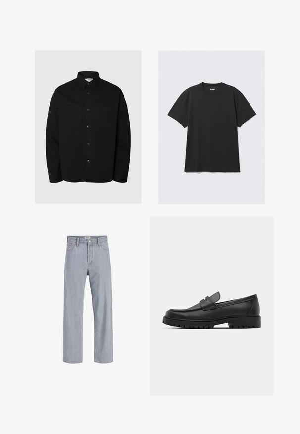 Black long-sleeve button-up shirt with two chest pockets and a classic collar, displayed against a plain light background.; Black short-sleeve t-shirt made of cotton. Features a crew neckline and a relaxed fit. Simple design with no patterns or accents visible.; Light blue denim jeans with a relaxed fit, straight leg design, visible stitching, two front pockets, and a button closure.; Black leather loafers with a rounded toe, featuring a stitched design, low platform sole, and a textured, lugged rubber outsole.