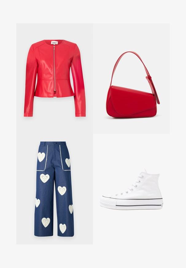 Rode neplederen jack, aansluitend ontwerp, ronde halslijn, lange mouwen, voordelige ritsluiting en subtiele stikdetails.; Bloes met bloemenprint en lange pofmouwen, lichte crème basis, met paarse, oranje en groene bloemmotieven, en een klassiek kraagontwerp.; Sister Jane HEART TO HEART - Straight leg jeans - blue denim; Witte high-top canvas sneakers met een zwarte rubberen zool, een rubberen neuskap aan de voorkant en zes gaatjes voor veters, met een schone, minimalistische uitstraling.; Rode leren handtas met een hoekig, geometrisch ontwerp. Beschikt over een enkele verstelbare schouderriem en een klepclosure met gestikte details.